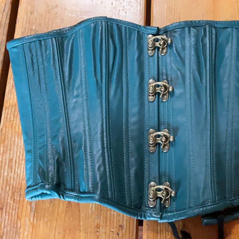 Teal leather corset w/ metal closures